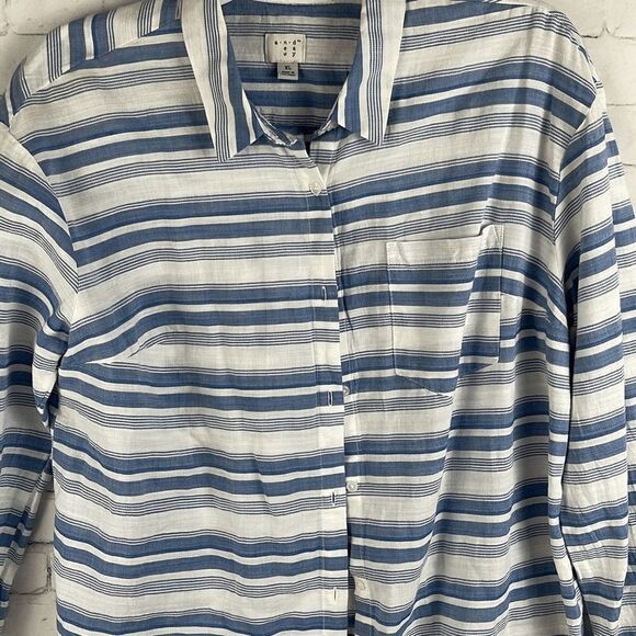A New Day Button Up Shirt Womens XL Striped Long Sleeve Pocket 100% Cotton Blue - Picture 3 of 9